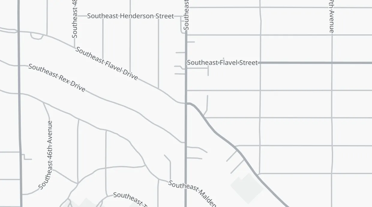 A map of the streets around SE Flavel Dr & SE 52nd Ave