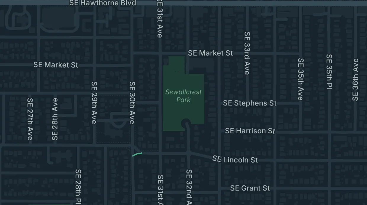 A map of the streets around Sewallcrest Park