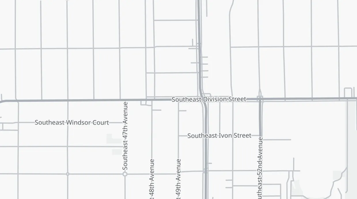 A map of the streets around SE Division St & SE 49th Ave