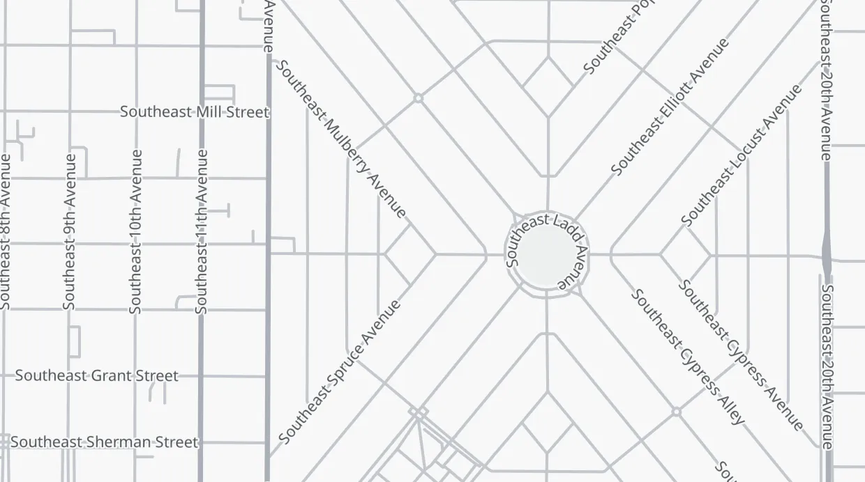 A map of the streets around 1988 SE Mulberry Ave