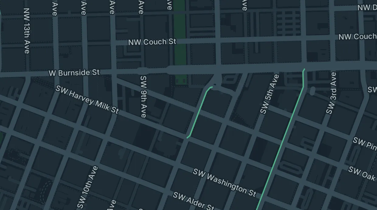 A map of the streets around 733 SW Oak St
