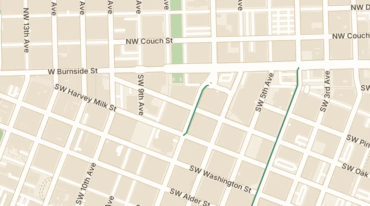 A map of the streets around 733 SW Oak St
