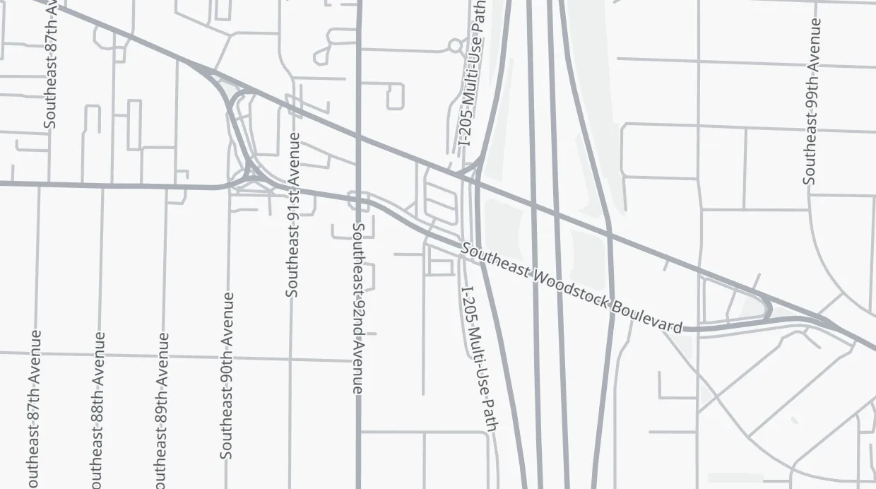 A map of the streets around 9320 SE Woodstock Blvd