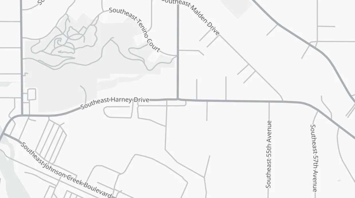 A map of the streets around SE Harney Dr & SE 52nd Ave