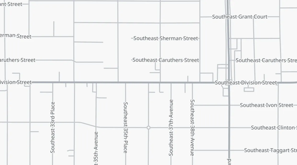 A map of the streets around SE Division St & SE 36th Ave